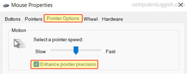 Mouse properties showing Enhance pointer precision checkbox ticked.