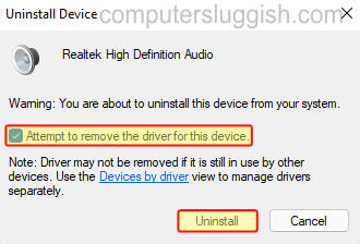 Uninstall Realtek audio driver window showing Attempt to remove the driver for this device checkbox ticked.