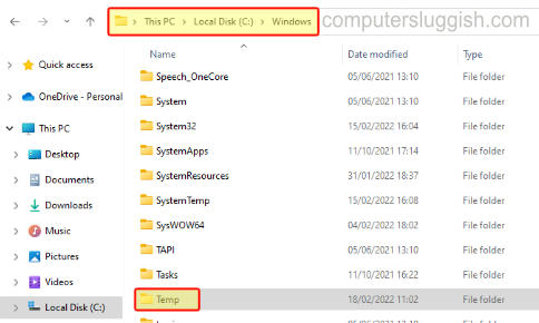 Windows 11 temp folder location in File Explorer.