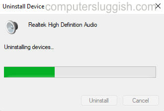 Realtek Audio driver uninstalling window.