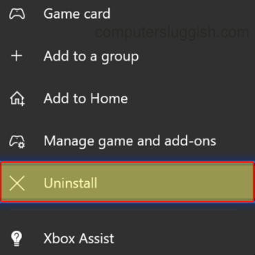 Xbox one game icon menu selecting uninstall game