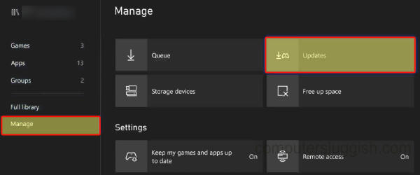 Xbox Series X check for game updates in Manage settings
