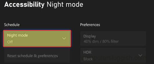 Xbox Series X Accessibility Settings showing Night mode option.