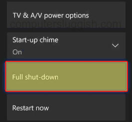 Xbox Series X Settings showing Full shut-down option.