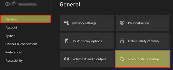 Xbox Series X Settings showing General tab with Sleep mode & startup option.