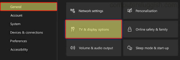 Xbox Series X Settings with General tab selected with TV & display options button.